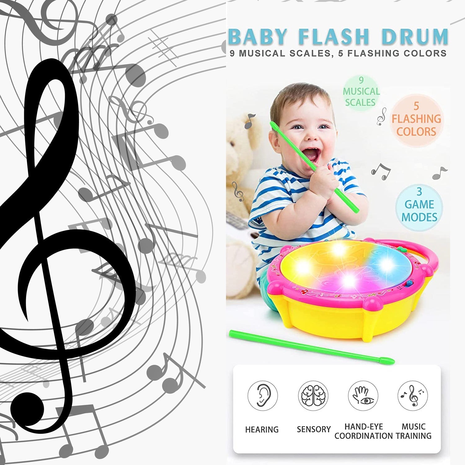 Flash Drum Toys for Kids with Light & Musical Sound Colorful Plastic Baby Drum Musical Toys for Children Baby Toy Instrument Best Gift for Boys & Girls. - Springkart 