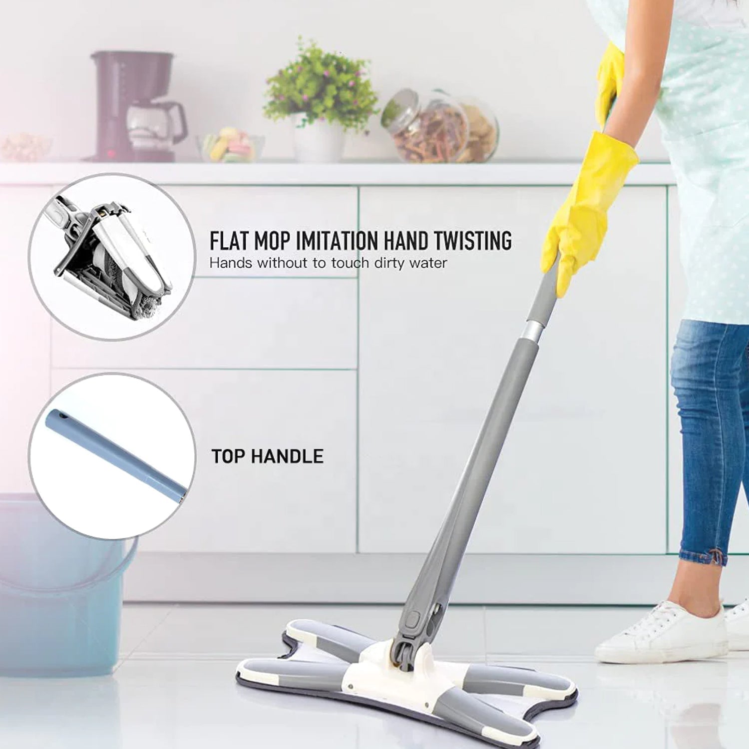 Adjustable 360° Flat Hand Mop: Floors, Walls, Ceilings (Easy Squeeze) - Springkart 