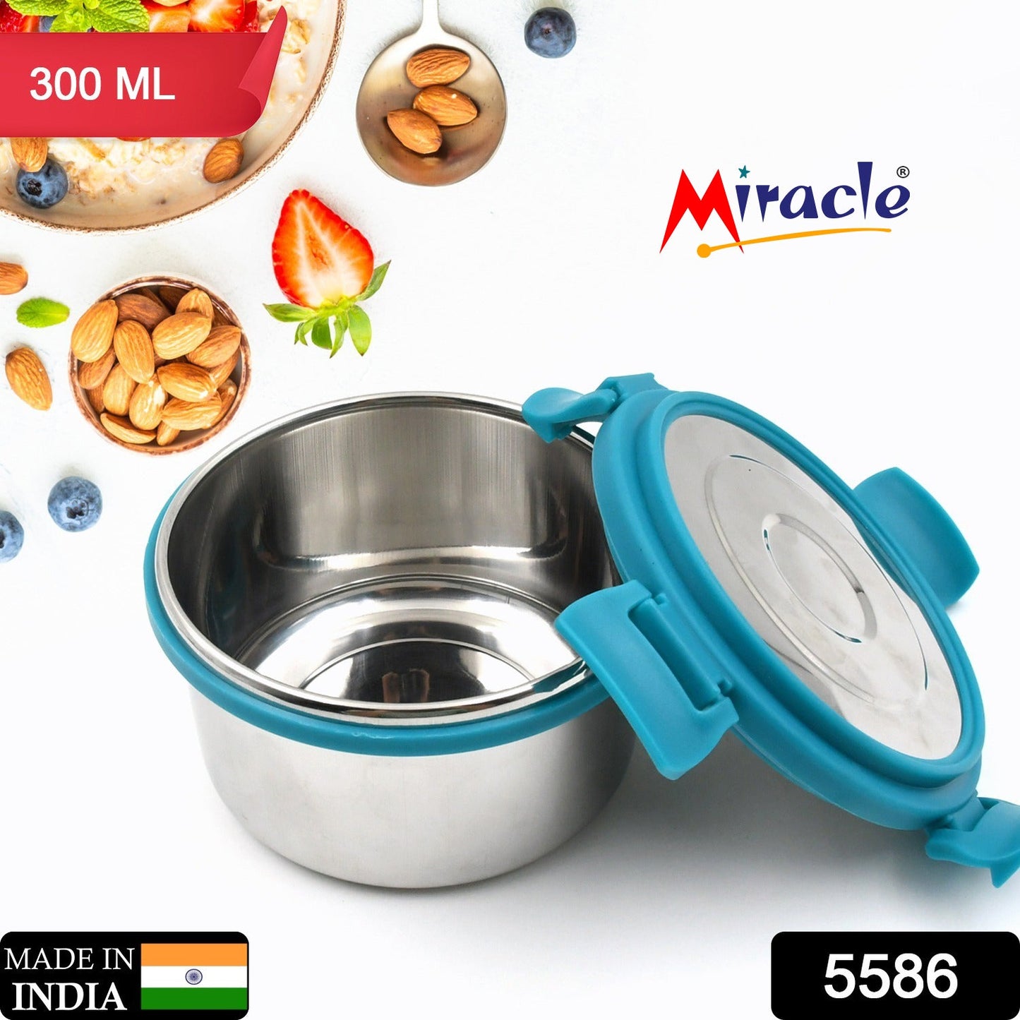 Miracle Solo round Lunch box High Grade Stainless Steel Double Wall Insulated 300ML Food Container 4 Lock Clip Leak Proof Lid, Best Return Gift for Any Occasion (1 Pc) - Springkart 