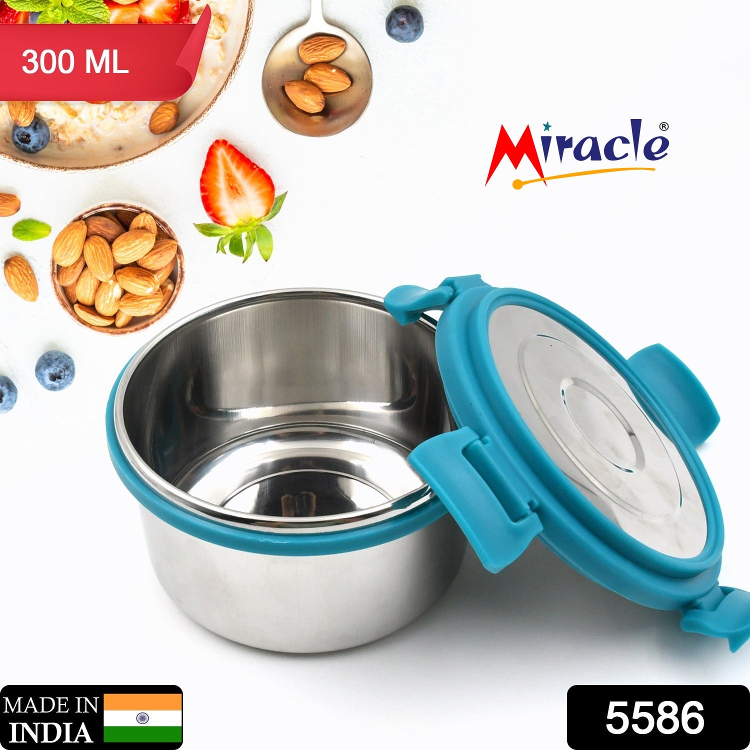 Miracle Solo round Lunch box High Grade Stainless Steel Double Wall Insulated 300ML Food Container 4 Lock Clip Leak Proof Lid, Best Return Gift for Any Occasion (1 Pc) - Springkart 