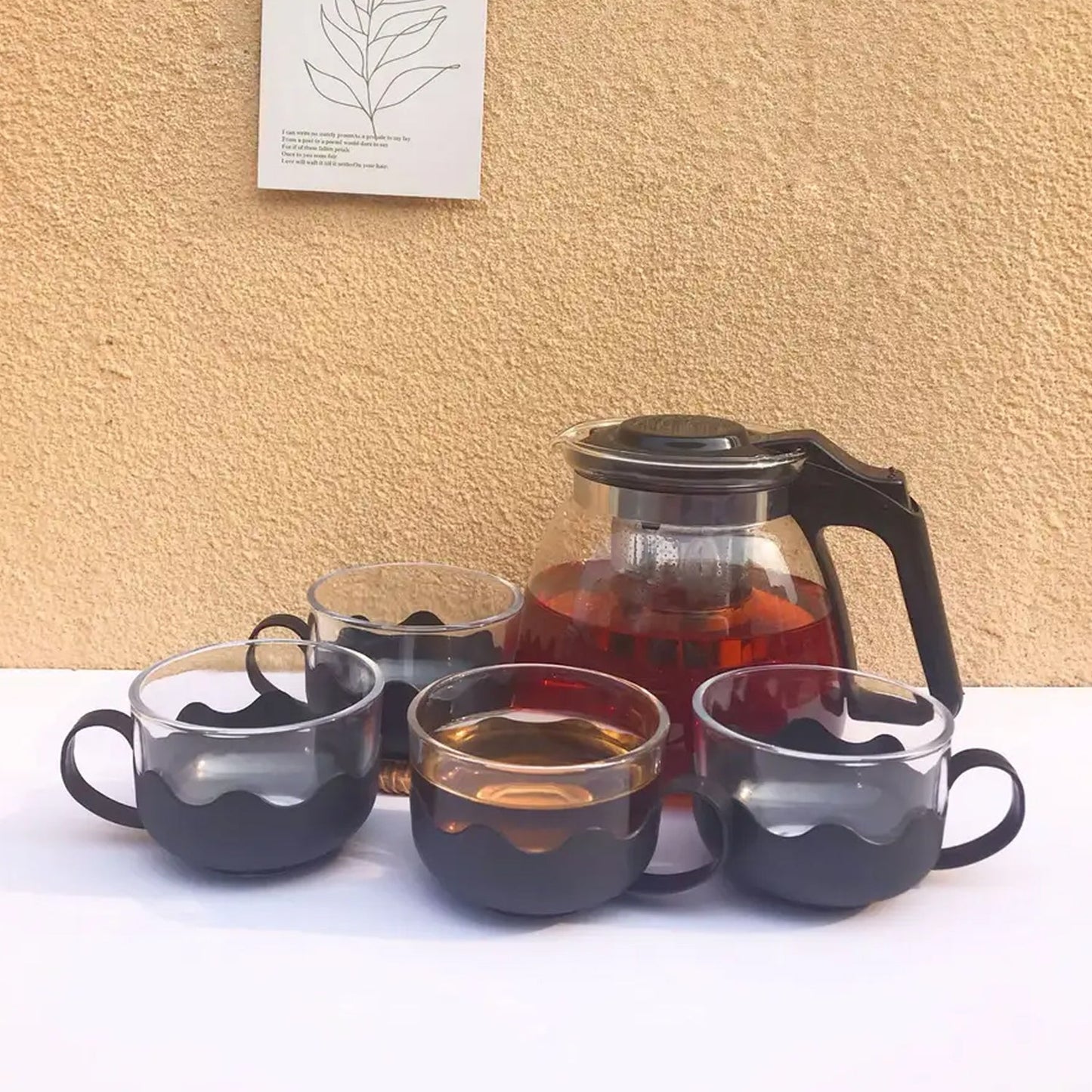 Flame Proof Glass Kettle & Cup Set With Strainer High Quality Kettle Set For Home & Café Use  (4 Cup & 1 Kettle) (24 Pc MOQ) - Springkart 