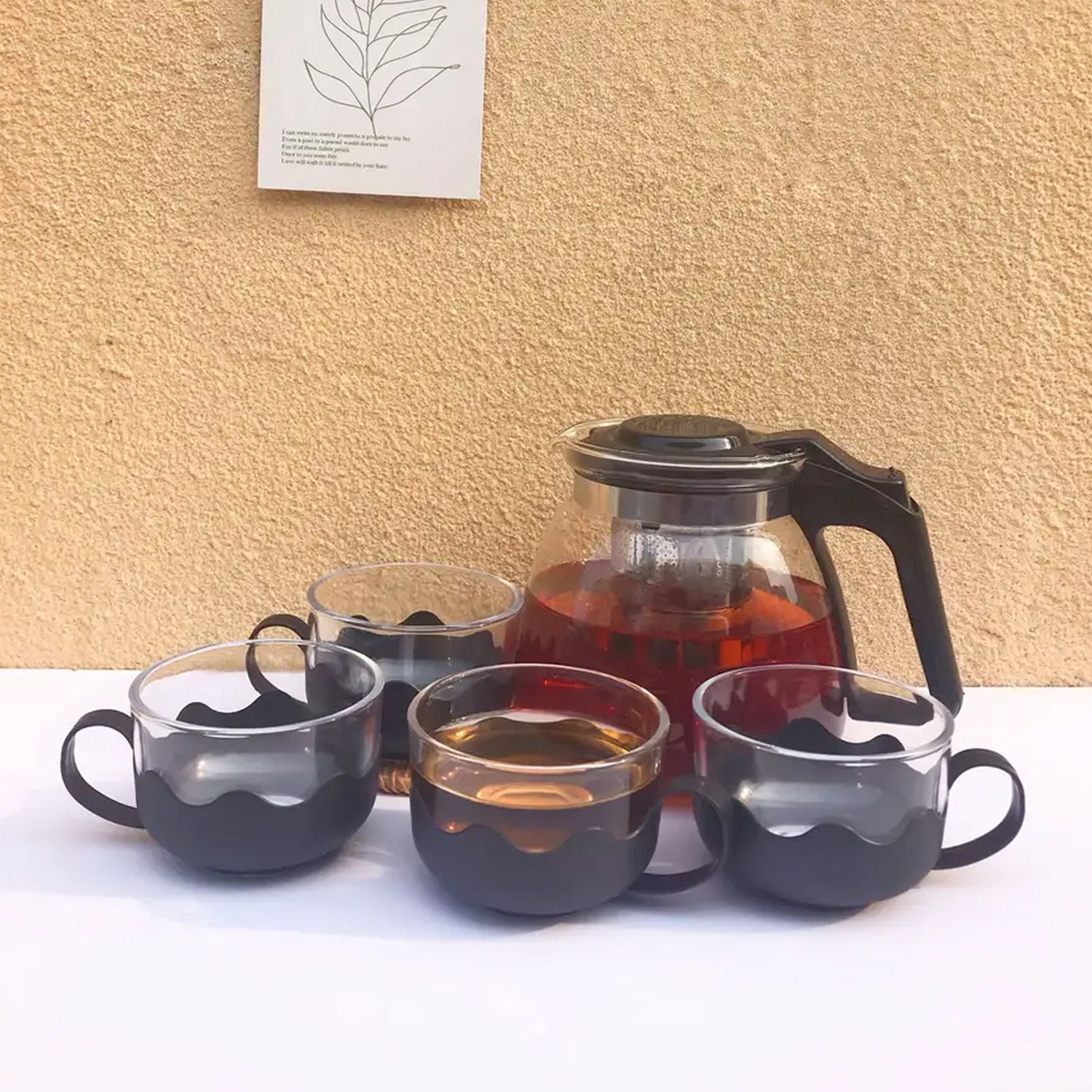 Flame Proof Glass Kettle & Cup Set With Strainer High Quality Kettle Set For Home & Café Use  (4 Cup & 1 Kettle) (24 Pc MOQ) - Springkart 