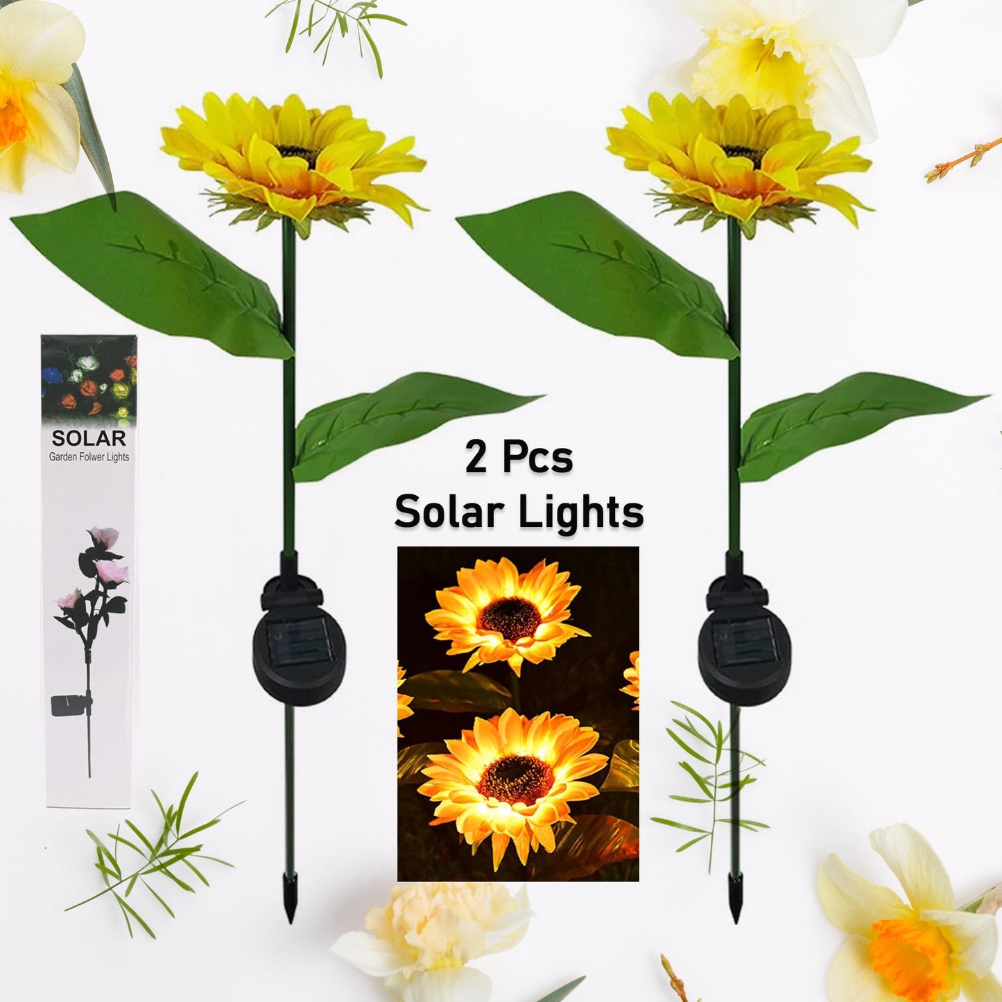 2 Pc Outdoor Solar Sunflower Lights Intelligent Light Control Waterproof Garden Landscape Stake Light - Springkart 