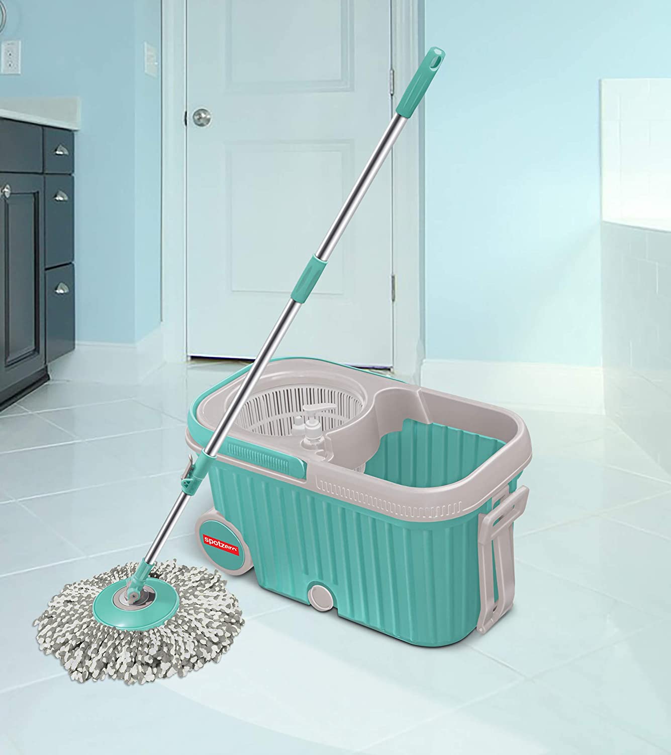 8703 Spin Mop With Bigger Wheels And Plastic Auto Fold Handle For 360 Degree Cleaning - Springkart 