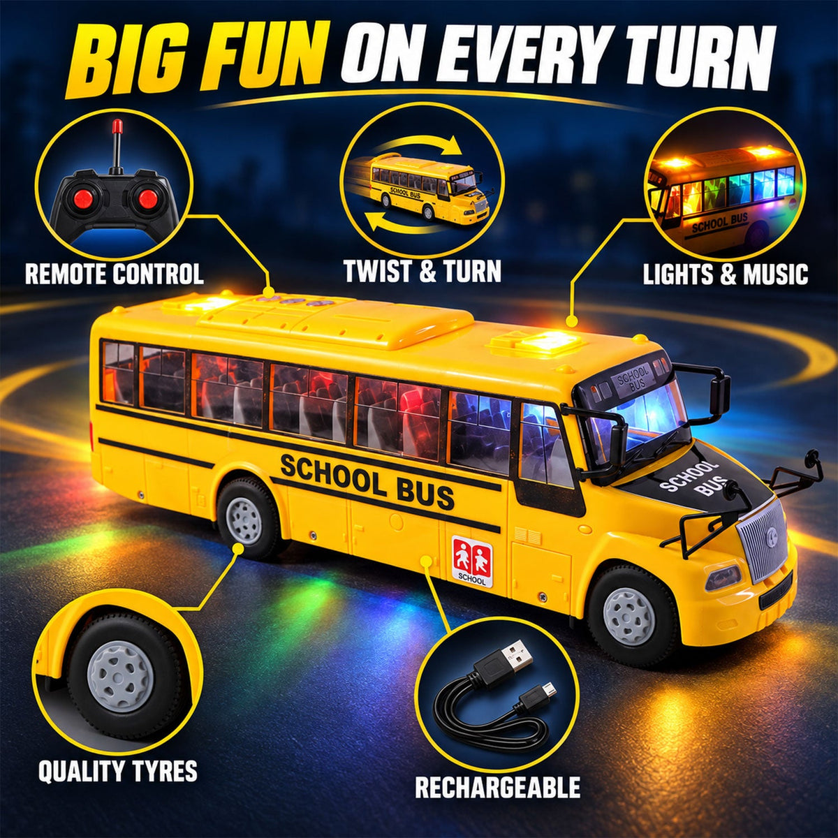 Rechargeable Remote Control School Bus Toy With Lights And Music (1 Set)