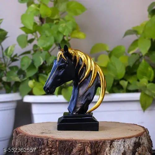 Planet Mart Present Showpiece of Black Horse with Golden Hair Statue Showpiece For Home Living Room Decor | Horse Showpiece & Collectibles| Vaastu Decorative Figurine-5*7.5 Inches |Material : Polyresin