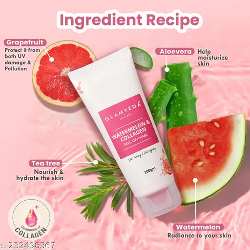 Glamveda Watermelon & Collagen Peel-Off Mask for Women (Pack Of 2) – Firming| Anti-Aging | Reduces Signs of Aging & Boosts Radiant Glow | Paraben & SLS-Free | Suitable for All Skin Types
