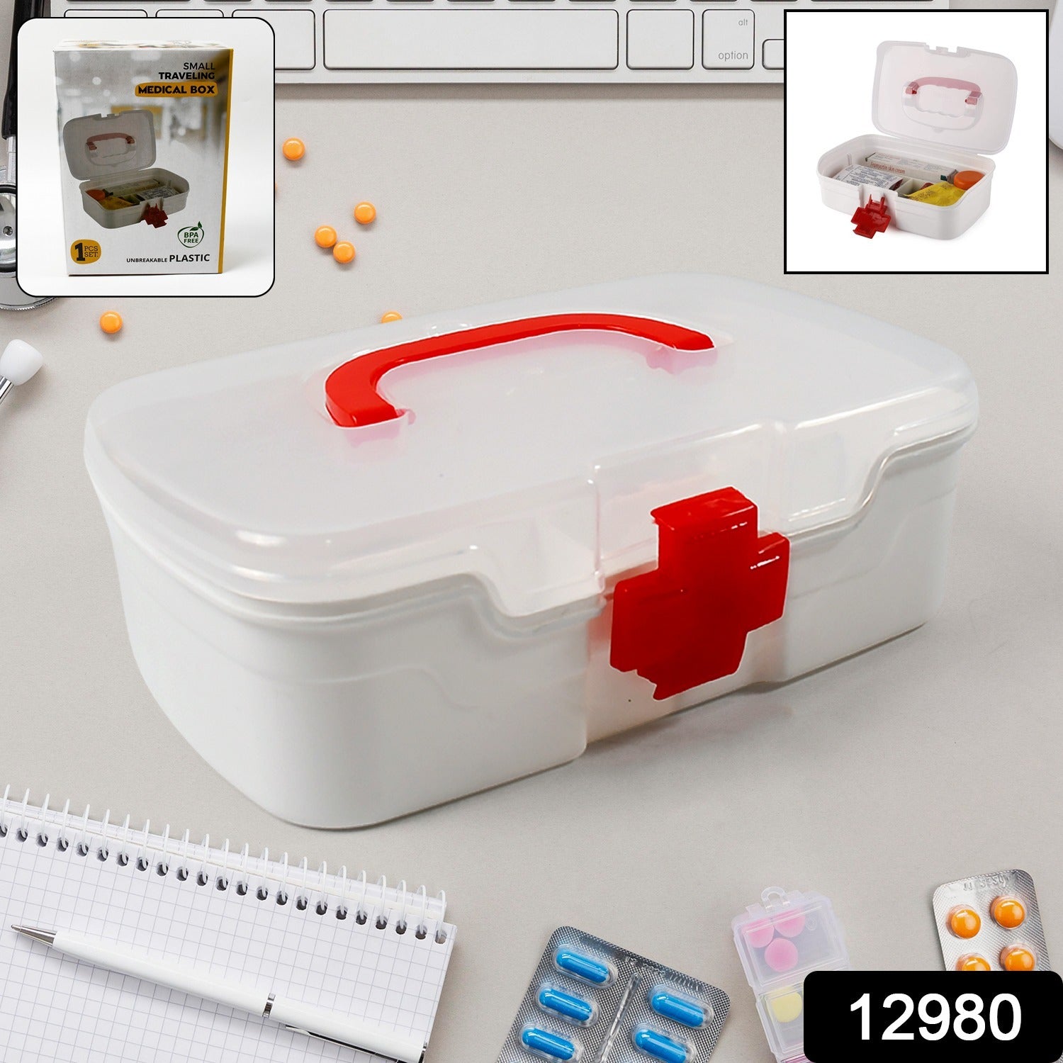 12980 3 Compartment Medical Box 1 Piece Indoor Outdoor Medical Utility Medicine Storage Box Detachable Tray Medical Box Multi Purpose Regular Medicine First Aid Box With Handle Transparent Lid Color Box - Springkart 