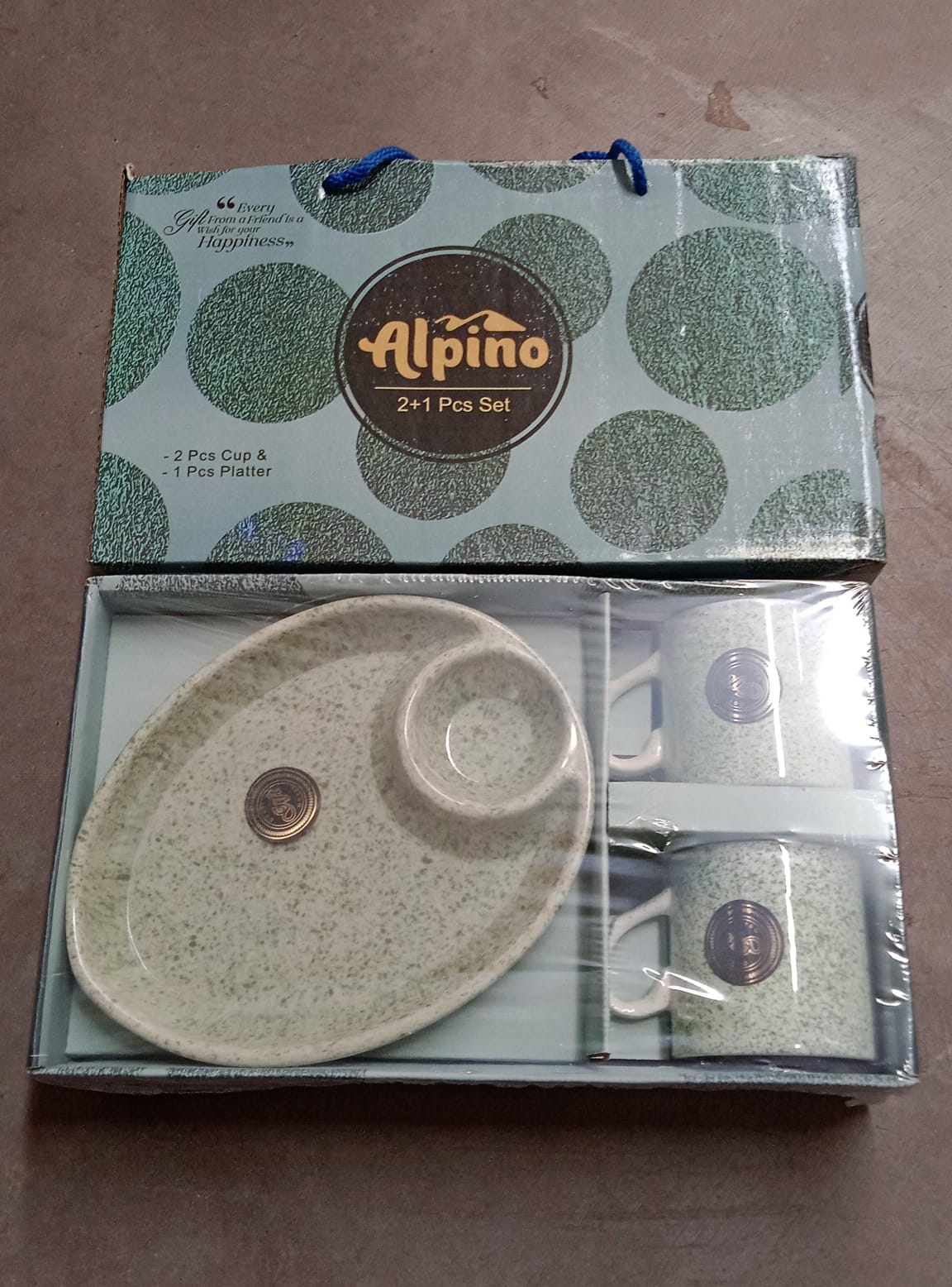 Alpino Ceramic Tea / Cups Set With Plastic Serving 2 Compartment Platter, Milk Cup / Mug, Coffee Cup, Tea Cup BPA Free Food Grade, or Outdoor for Household Gift For Birthday (3 Pcs Set) - Springkart 