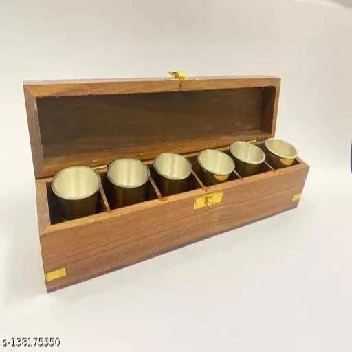 Present Set of 6 Solid Brass Wine Whisky Vodka Shot Glass Anchor Design 2 inch Height with Wooden Box (Royal Gold) - Springkart 