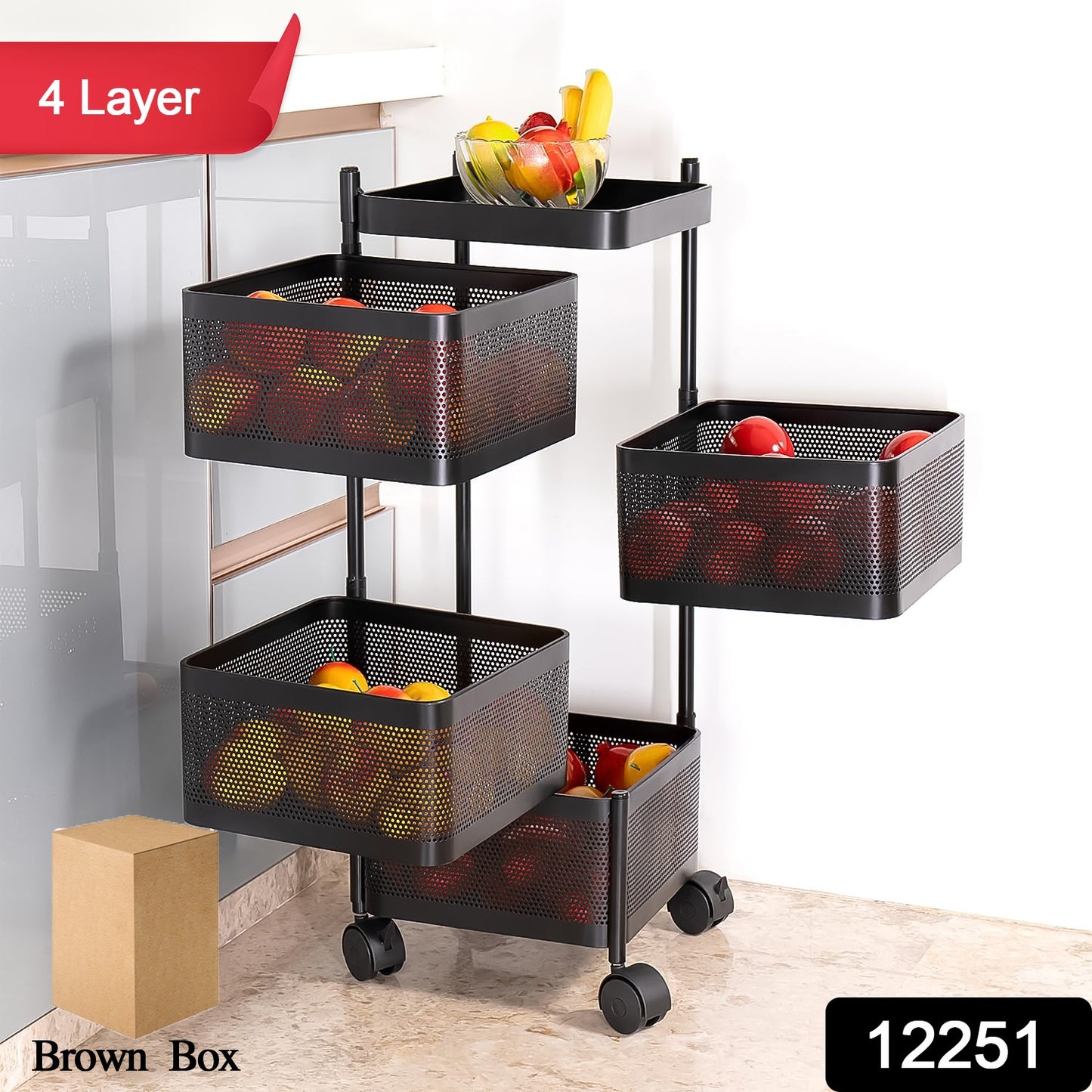 Metal Square High Quality Kitchen Trolley With Wheels (4 Layer 1 Pc) - Springkart 