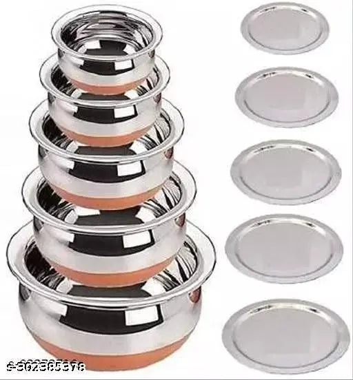 SILVER & COPPER SIZE: 0.500 LTR, 1LTR, 1.200LTR, 2LTR, 2.000 LTR 5 Pieces Copper Bottom HANDI Set/Cookware Set of 5 Pieces With lid Cooking Serving Bowl biryani Milk Pot.(LIFE TIME )