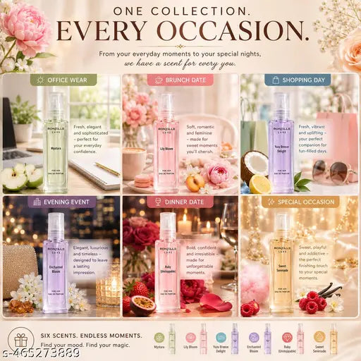 Ronzille Luxe Women Eau De Perfume  Enchanted Bloom Eau, Lily Bloom,Mystara,Ruby,Yuzu Breeze,Sweet Serenade- 48ml(Set of 6)