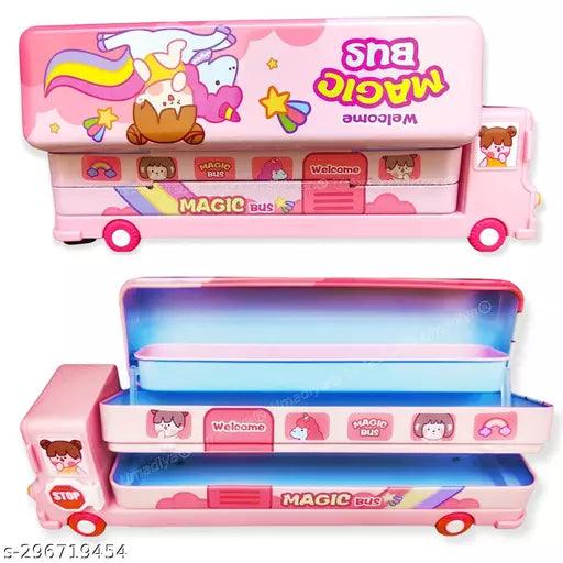 Bus Shape Pencil Box (Pink) School Bus Metal Geometry Box for Kids Magic Bus with Moving Tyres - Springkart 