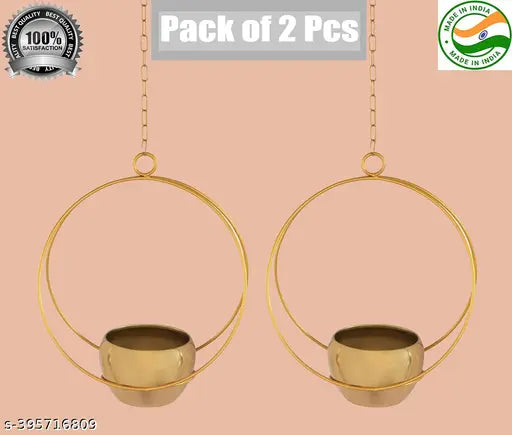 Handicrafts Metal Hanging Flower Pot (22x10x42 CM) (Pack of 2 Pcs) with Hanging Chain for Hanging & Decoration of Flowers with Gold Powder Coated Color Flower Pot for your Home & Garden Decoration.