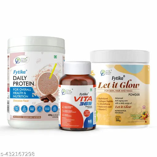 Daily Protein powder Chocolate flavour-400G + Fytika Vita 365, 3 in 1 Multivitamin-60 Tabs + Fytika Let it Glow Fruit Punch, Collagen Powder-200G (Pack of 3) - Springkart 