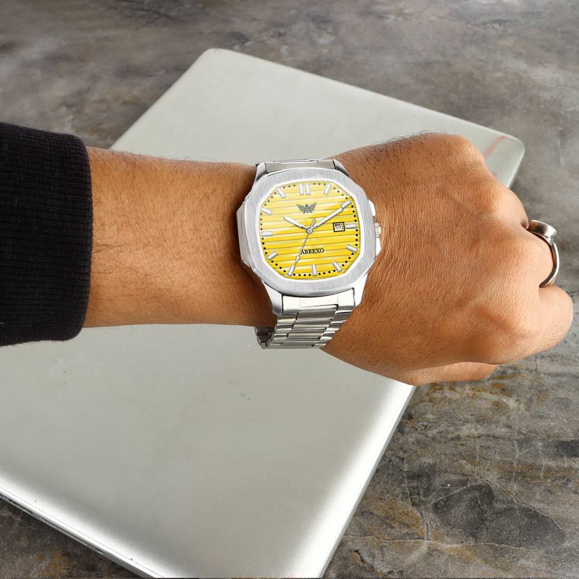 ABREXO Nautilus Date Working Square Yellow Dial Silver Quartz Mechanism Watch For Boys Analog Watch  - For Men Abx4567-YL SL