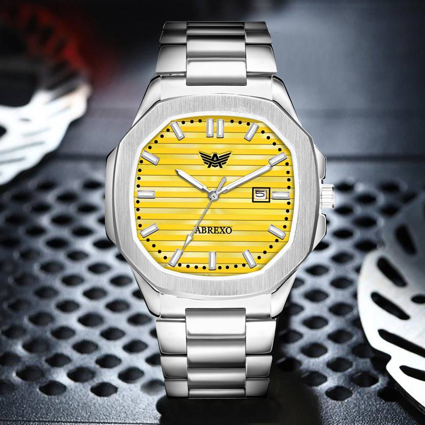 ABREXO Nautilus Date Working Square Yellow Dial Silver Quartz Mechanism Watch For Boys Analog Watch  - For Men Abx4567-YL SL