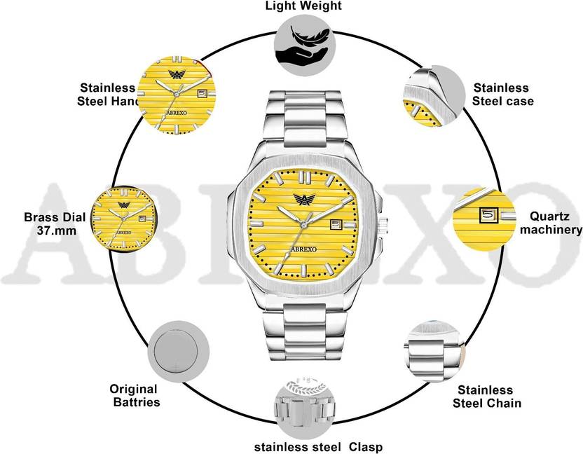 ABREXO Nautilus Date Working Square Yellow Dial Silver Quartz Mechanism Watch For Boys Analog Watch  - For Men Abx4567-YL SL