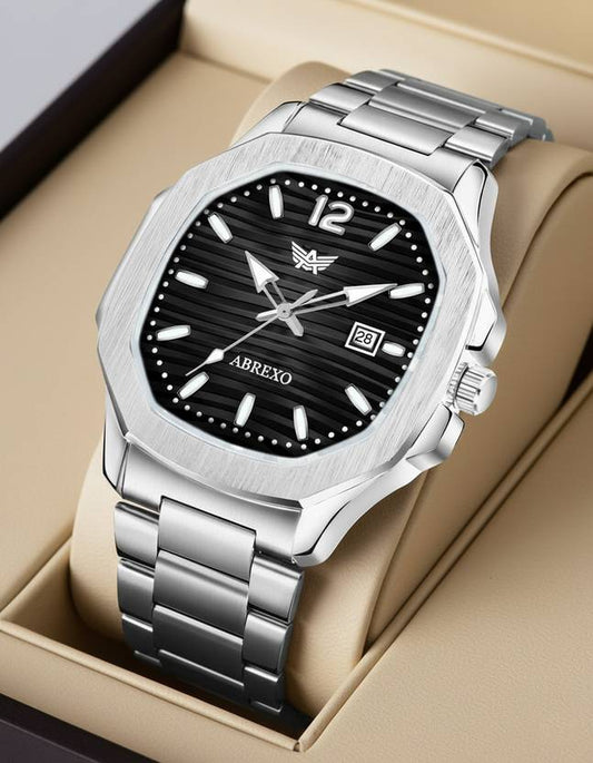 ABREXO Nautilus Series Date Working Square Black Dial Silver Quartz Watch For Boys Analog Watch  - For Men Abx4569-BK DT