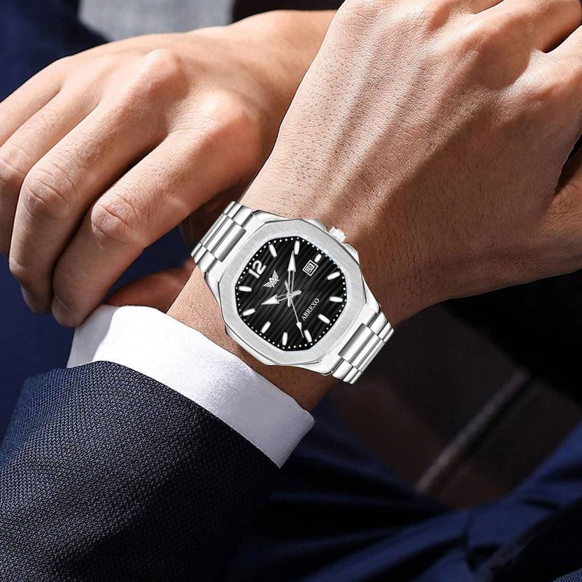 ABREXO Nautilus Series Date Working Square Black Dial Silver Quartz Watch For Boys Analog Watch  - For Men Abx4569-BK DT