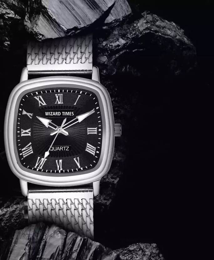 WIZARD TIMES Men's Watch Silver Stainless Steel Strap Black Dial Water Resistant Analog Watch  - For Men Wizard_SK-245
