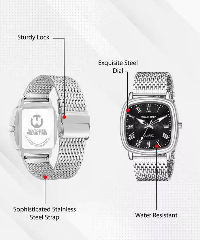 WIZARD TIMES Men's Watch Silver Stainless Steel Strap Black Dial Water Resistant Analog Watch  - For Men Wizard_SK-245