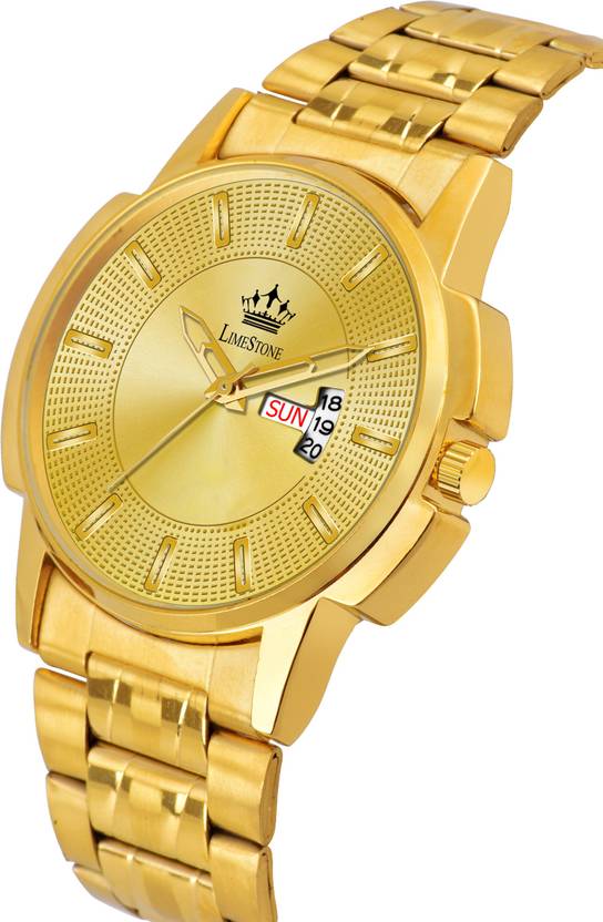 LIMESTONE Day & Date Original HMTS Gold Plated Adjustable HMTS Bracelet Quartz Analog Watch  - For Men LS3061