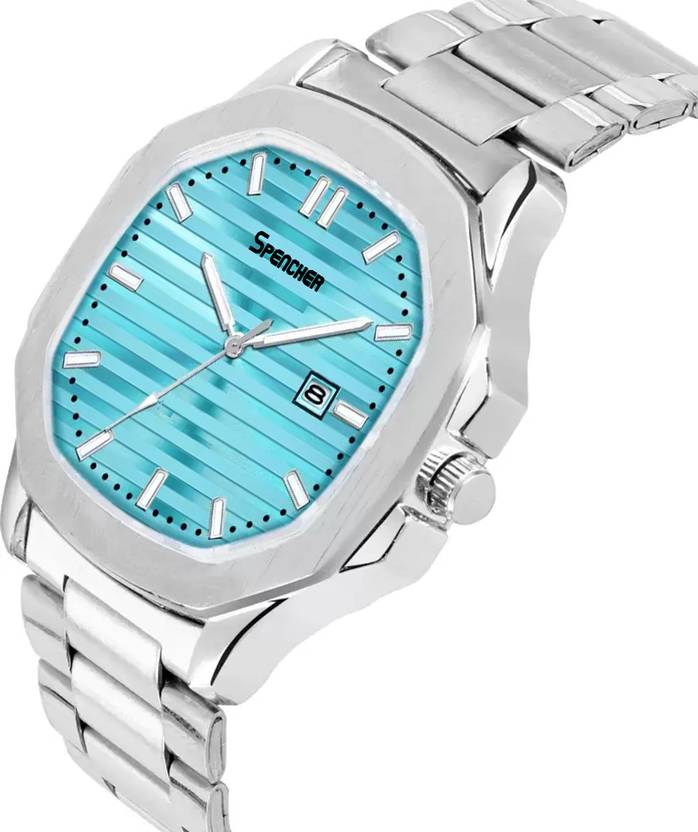 Spencher Nautilus Date Working Square Blue Dial Silver Quartz Mechanism Watch For Boys Analog Watch  - For Men Sp4568