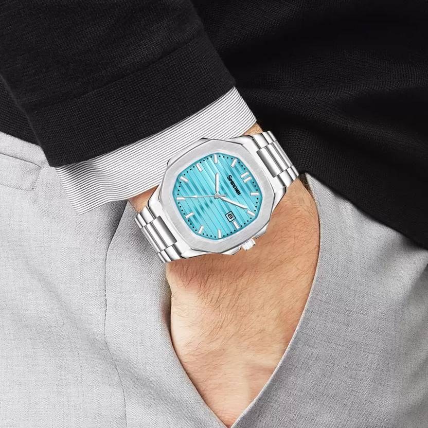 Spencher Nautilus Date Working Square Blue Dial Silver Quartz Mechanism Watch For Boys Analog Watch  - For Men Sp4568