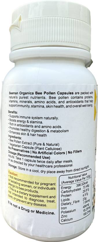 BEEMAN ORGANICA Bee Pollen Capsules- 500mg (100 Caps) Immunity Booster Nutrient Rich Superfood (100 Capsules)