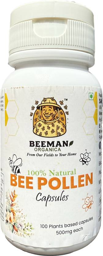 BEEMAN ORGANICA Bee Pollen Capsules- 500mg (100 Caps) Immunity Booster Nutrient Rich Superfood (100 Capsules)