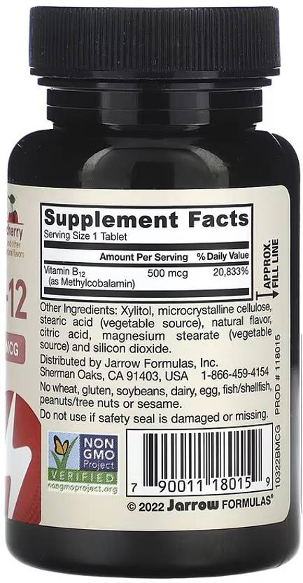 Jarrow Formulas Jarrow Methyl B-12 Cherry 500 mcg 100 tab (100 Tablets)