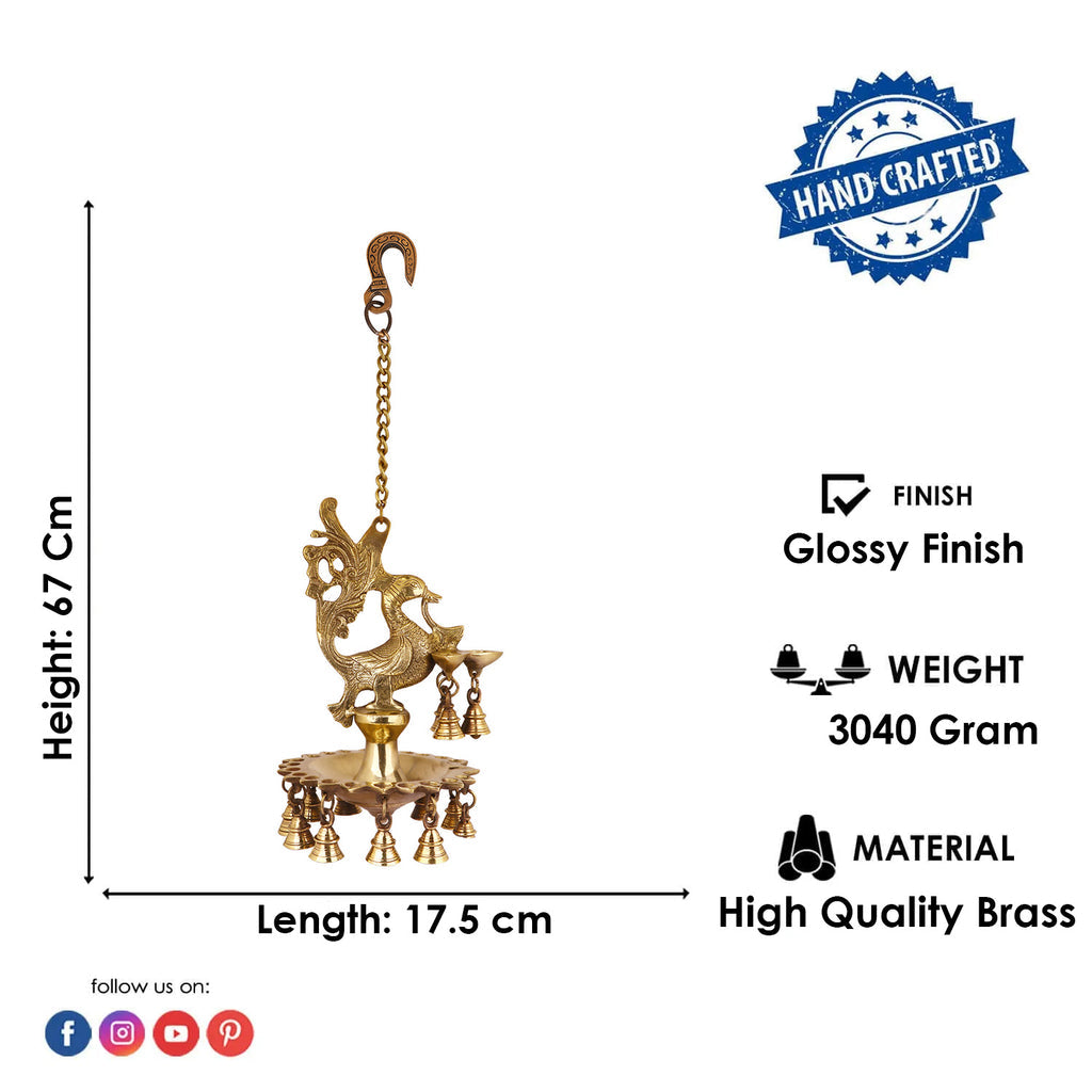 Pure Brass Peacock Diya Hanging with Bells