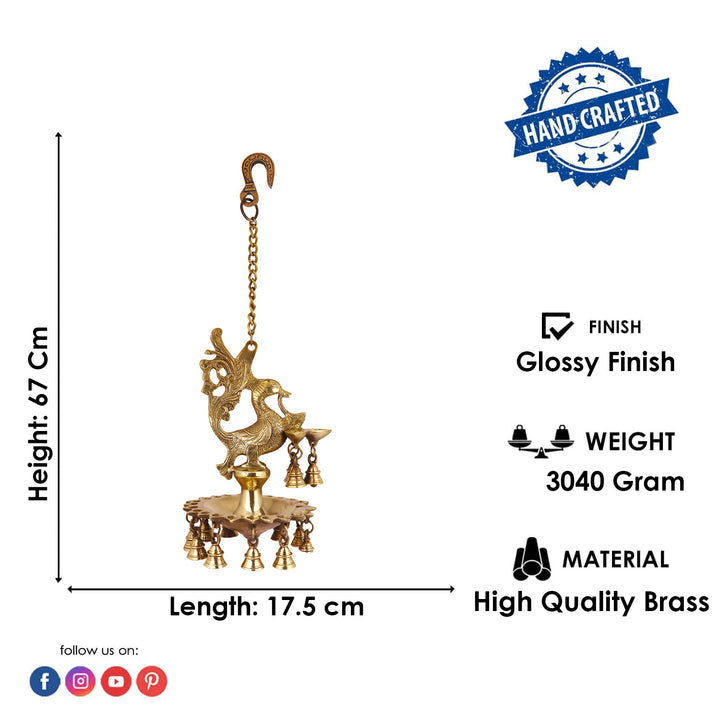 Pure Brass Peacock Diya Hanging with Bells