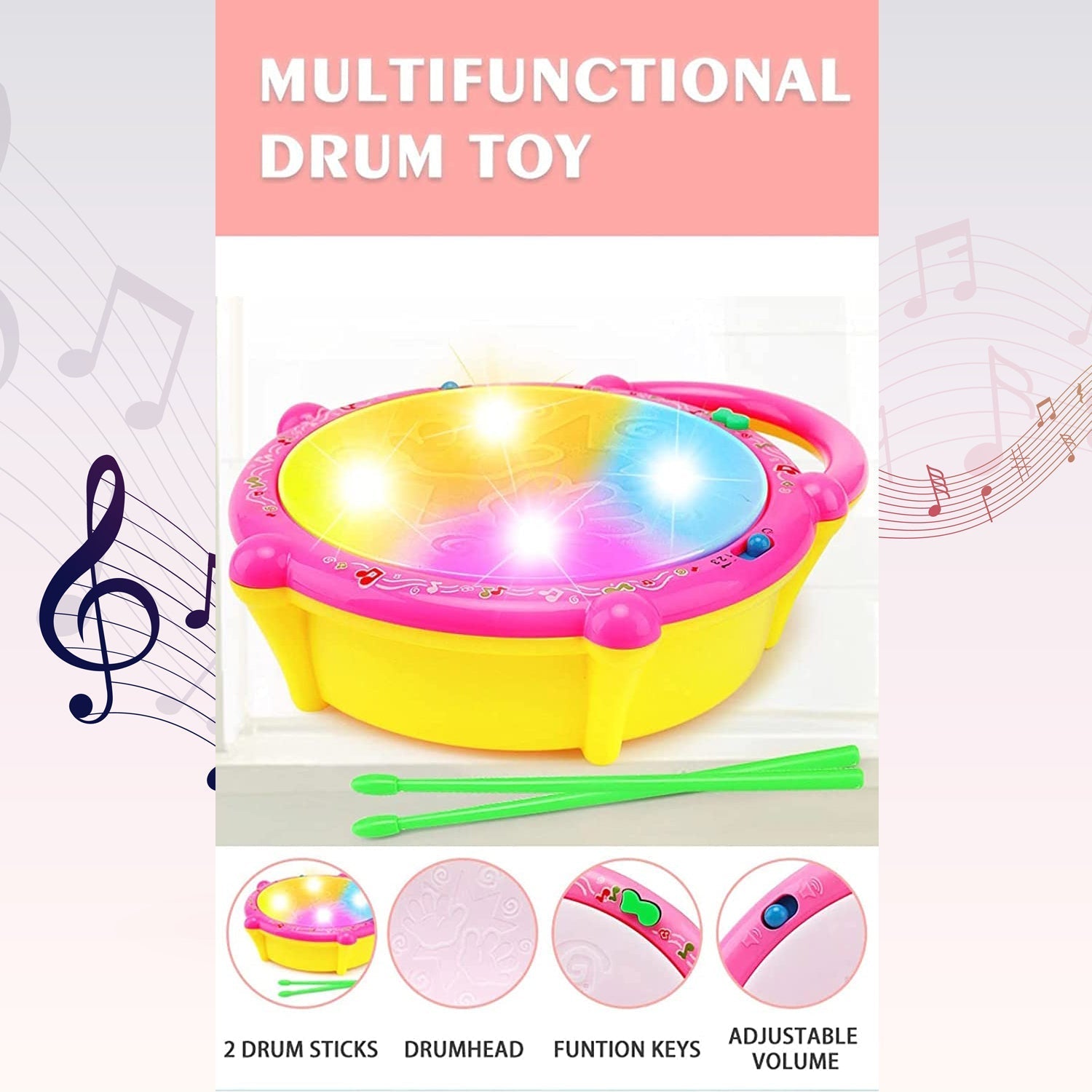 Flash Drum Toys for Kids with Light & Musical Sound Colorful Plastic Baby Drum Musical Toys for Children Baby Toy Instrument Best Gift for Boys & Girls. - Springkart 