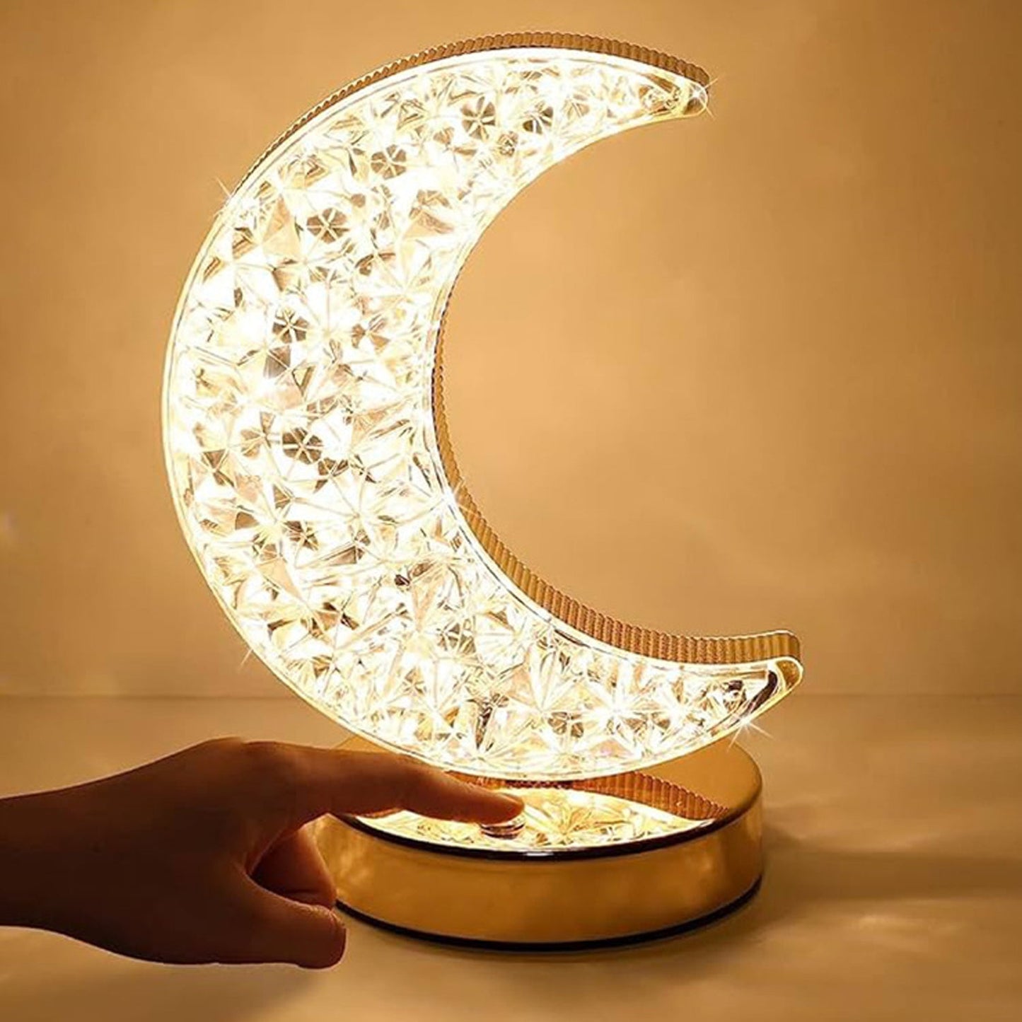 Crystal Table Lamp | Moon Shape Touch Control Lamp with 3 Color | Metal Bedside Lamp for Kids Bedroom Romantic Desktop Nightstand | Stepless Dimming USB Charging Touch Night Light - Springkart 