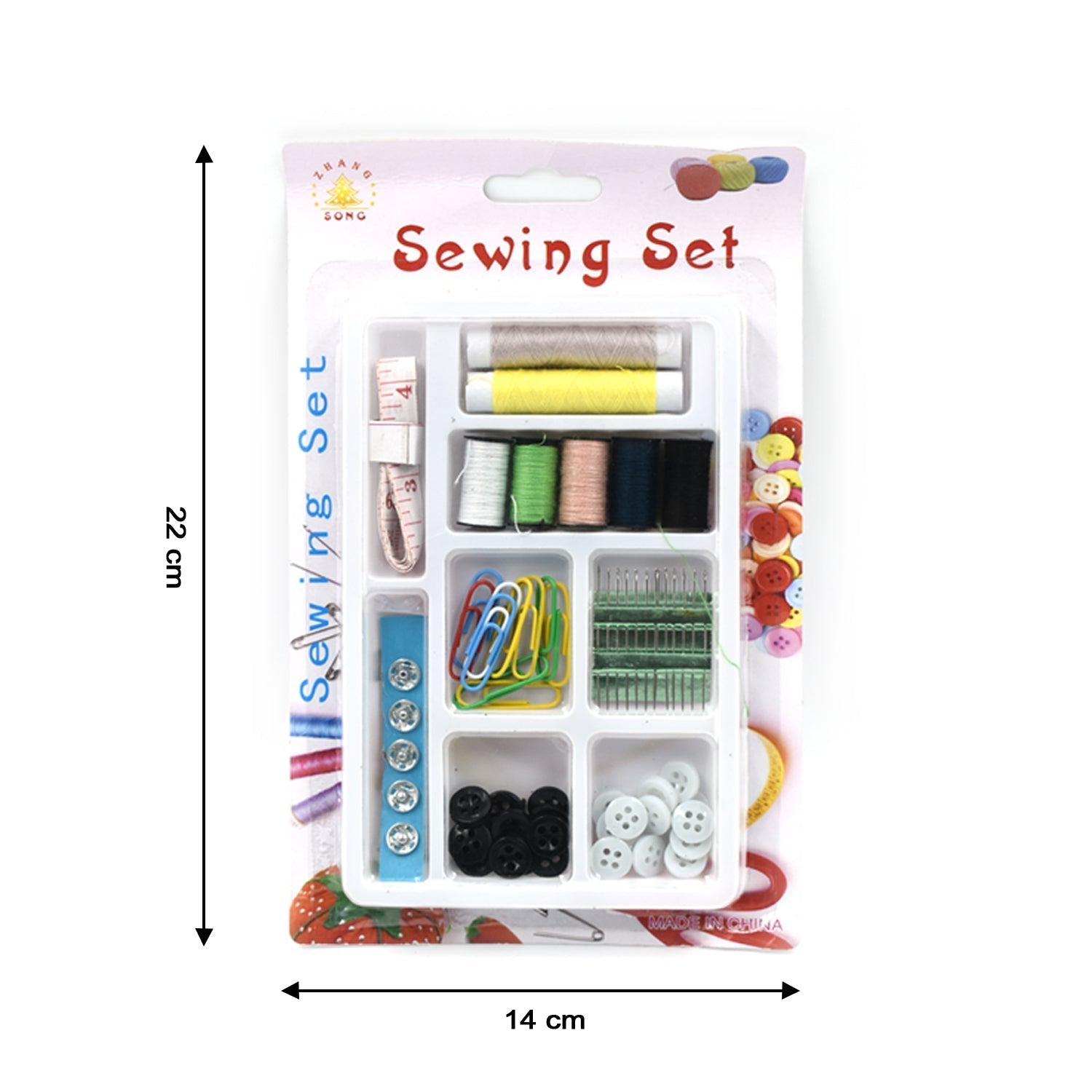 Complete sewing kit with 62 essential pieces for versatile sewing needs.