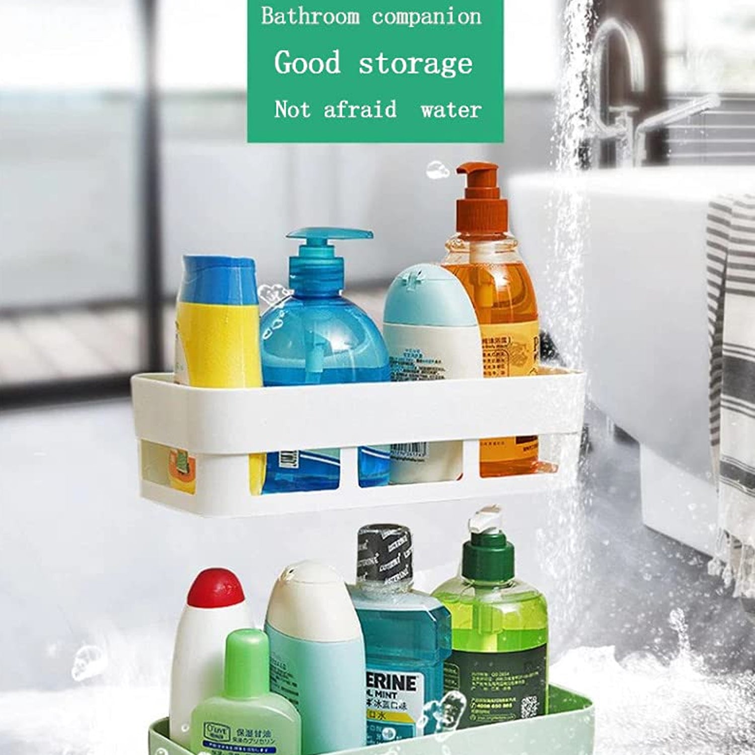 Corner shower caddy with suction cup, plastic shelf