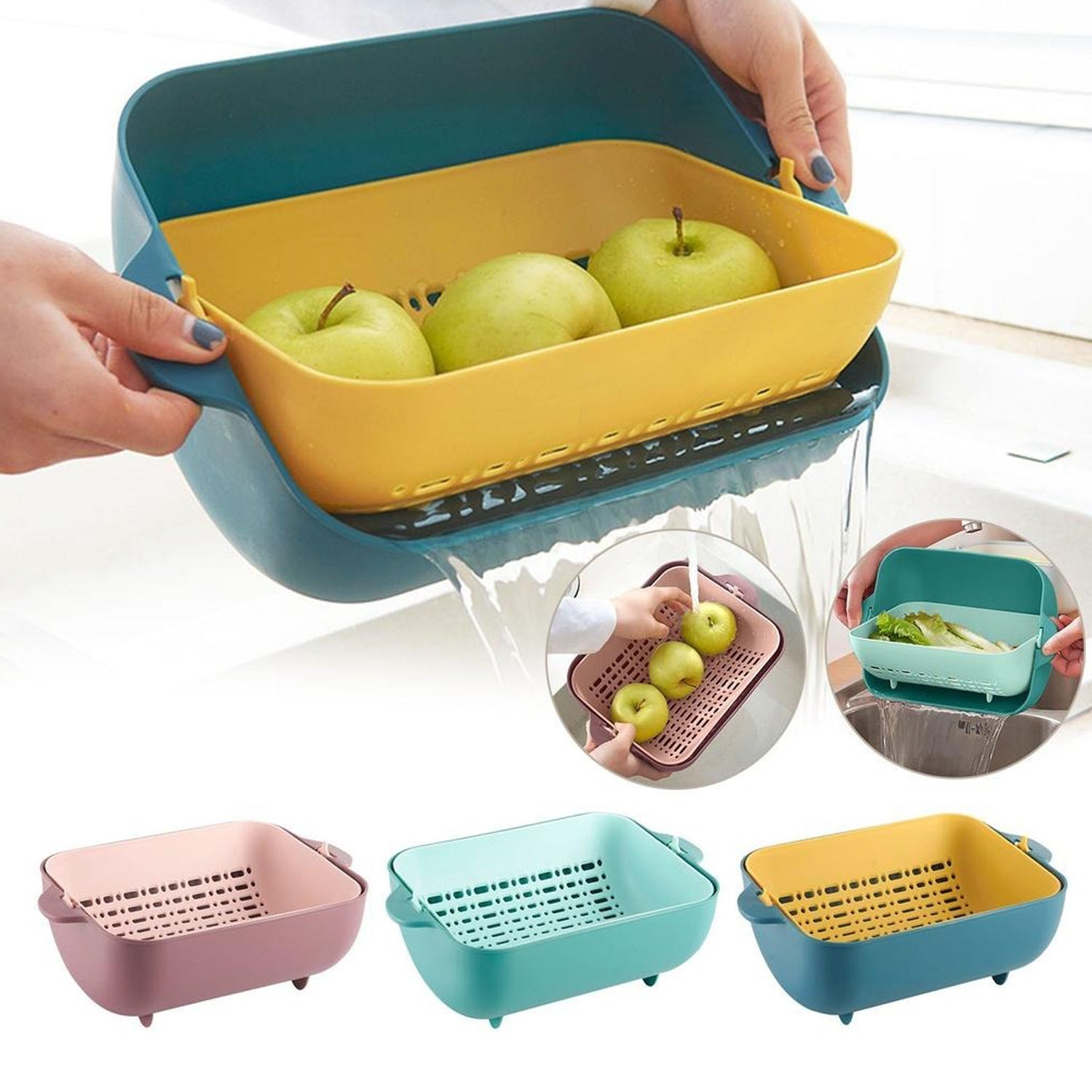 Multifunctional BPA Free Double Layered Plastic Rotatable Strainer Basket (Multicolor) - Springkart 