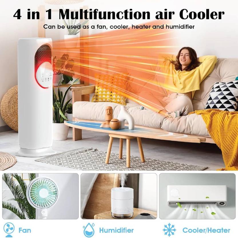 Senkiddpro 120° Rotating Tower Cooler with Heater,Humidifier & Cooler ,4L Water Tank Remote Controlled Tower Fan (White | Pack of 1)