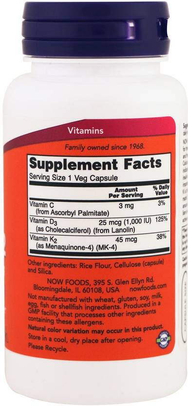 Now Foods Vitamin D-3 & K-2 1000 IU / 45 mcg 120 Veg Capsules (120 No)