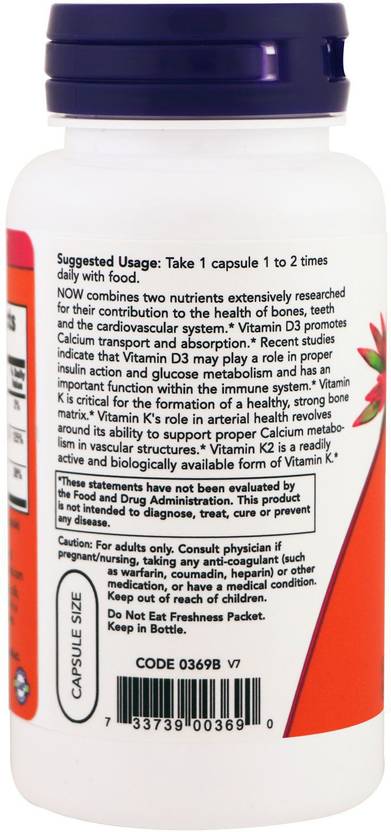 Now Foods Vitamin D-3 & K-2 1000 IU / 45 mcg 120 Veg Capsules (120 No)