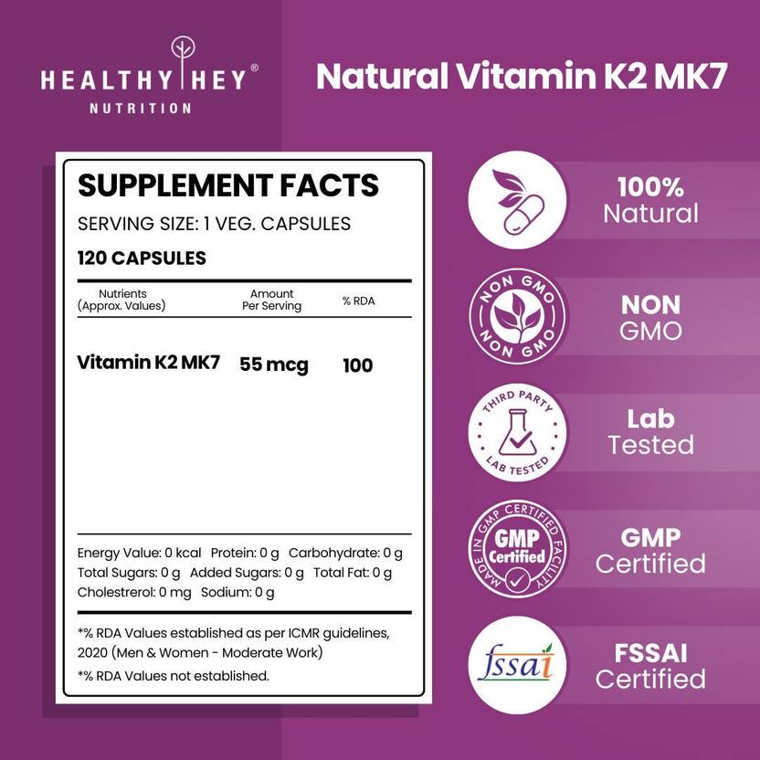 HealthyHey Nutrition Vitamin K2-MK7-100% Vegetarian Source - Support Bone Health- 55 mcg (120 No)