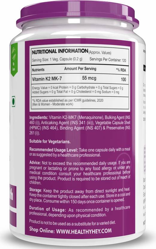 HealthyHey Nutrition Vitamin K2-MK7-100% Vegetarian Source - Support Bone Health- 55 mcg (120 No)