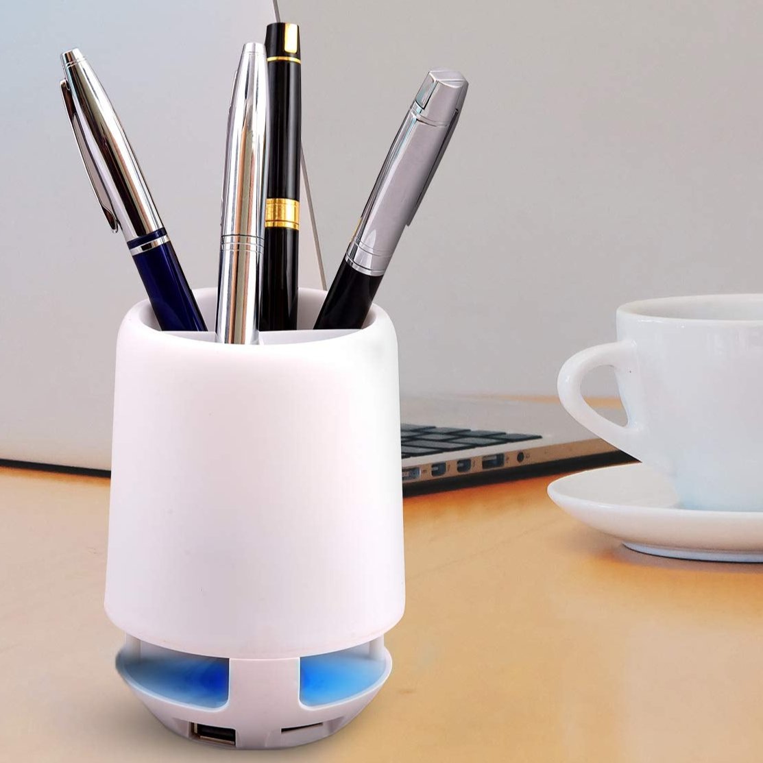 Multifunctional 4 Compartment Pen Holder with Bluetooth Speaker 5 W Bluetooth Speaker Laptop / Desk Speaker / Table Lamp / Night Lamp Smart Color Changing Pen Stand Wireless Bluetooth Speaker - Springkart 