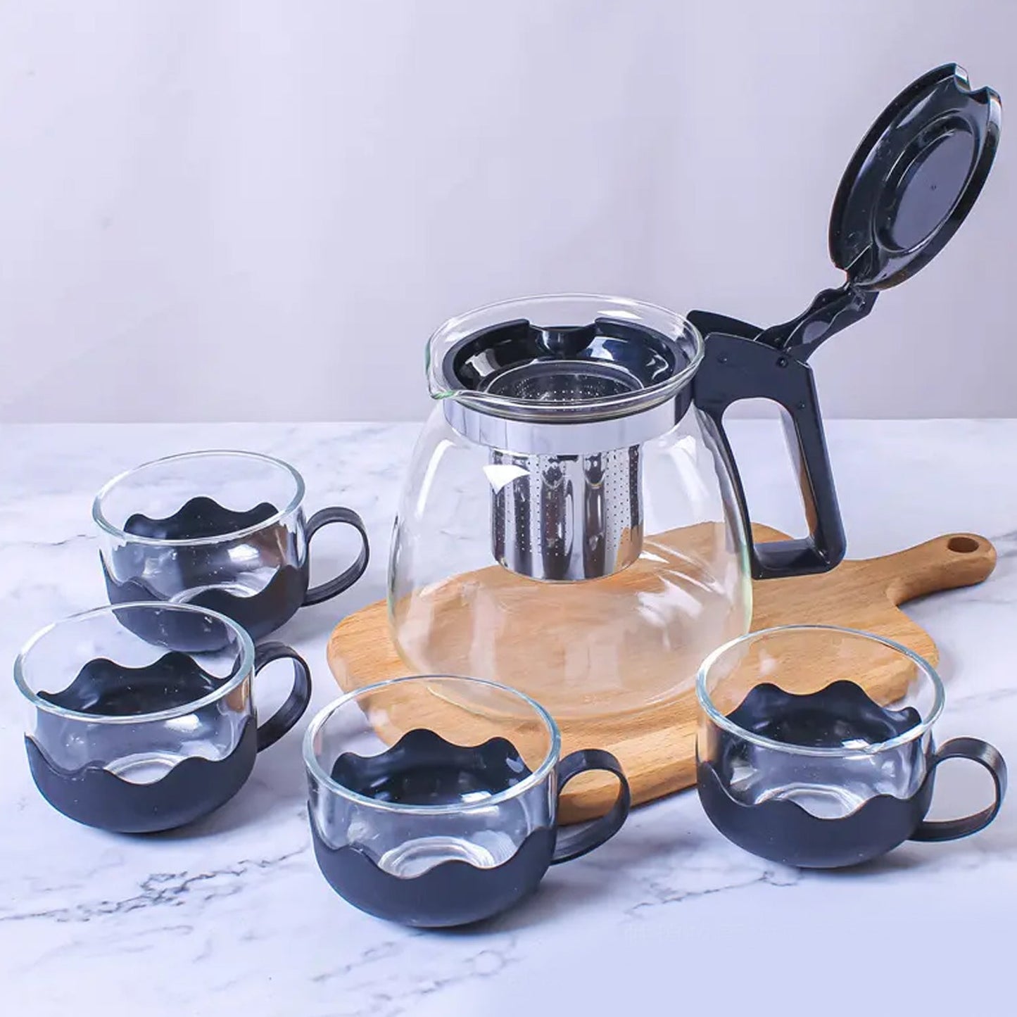 Flame Proof Glass Kettle & Cup Set With Strainer High Quality Kettle Set For Home & Café Use  (4 Cup & 1 Kettle) (24 Pc MOQ) - Springkart 
