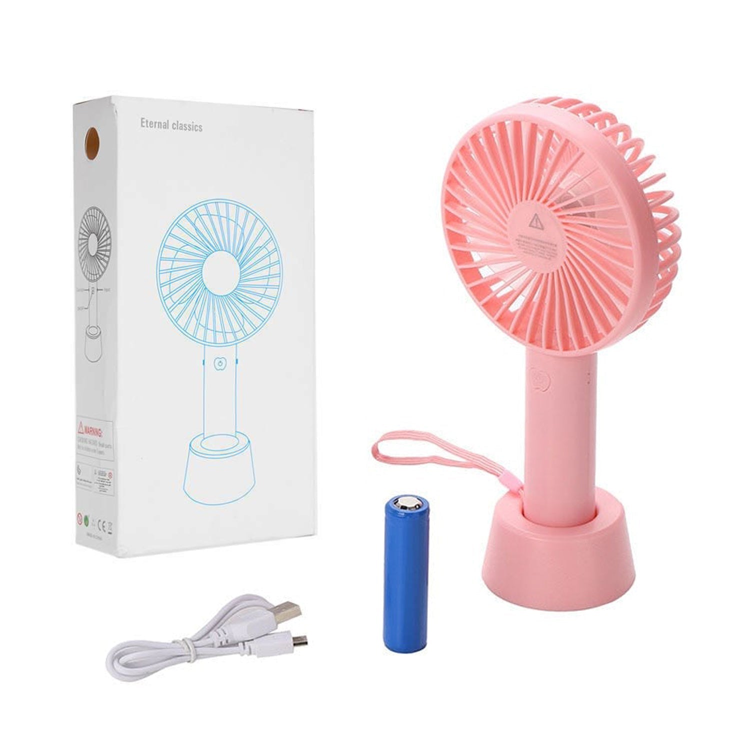 Compact handheld fan, ideal for summer use at home or office (batteries not included).