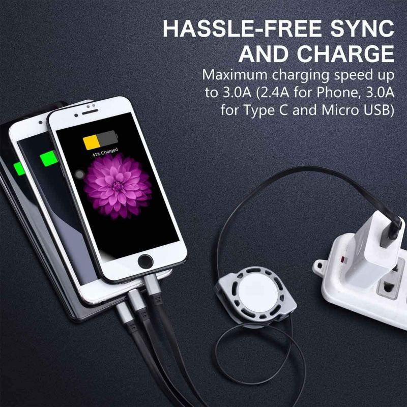 3 in 1 Charging Cable Multi Retractable 3.0A Fast Charger Cord Cable 4Ft/1.2m 3-in-1 USB Charge Cord