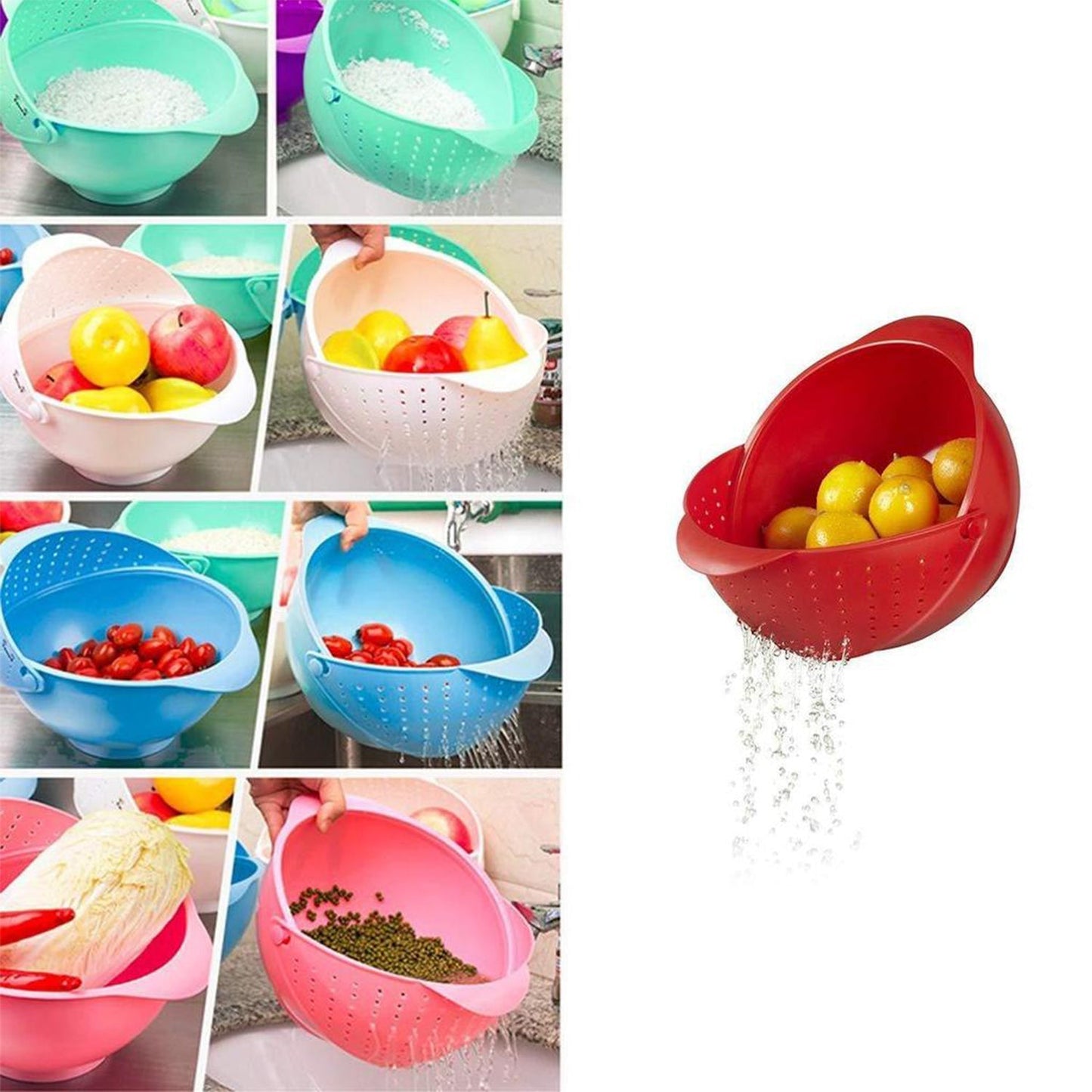 Plastic Revolving Multi Functional Rice, Vegetable Fruit Wash Basket Bowl (Multi Colour) - Springkart 